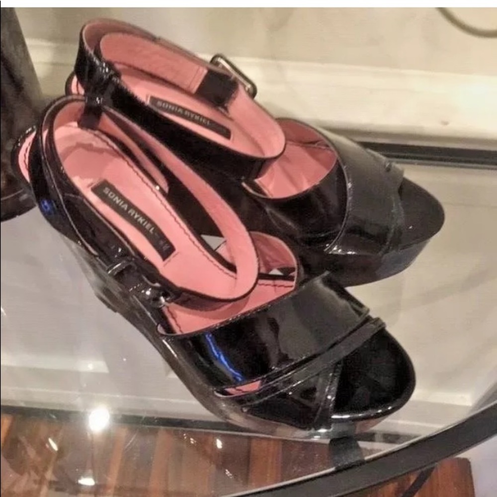SONIA RYKIEL PLATFORM BLACK WEDGE ANKLE STRAP5 AUTHENTIC